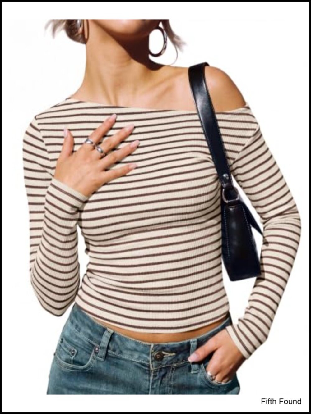 Women's Off Shoulder Striped Waffle Knit Long Sleeve Fitted Crop Top